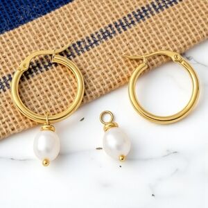Minimalist Hoop Earrings 18K Gold Plated Stainless Steel Freshwater Pearl